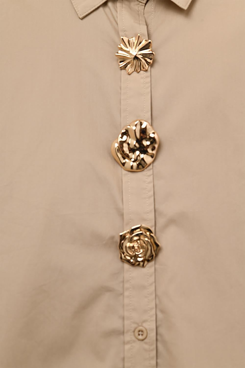 Beige relaxed poplin Cotton Shirt with Decorative Gold Buttons