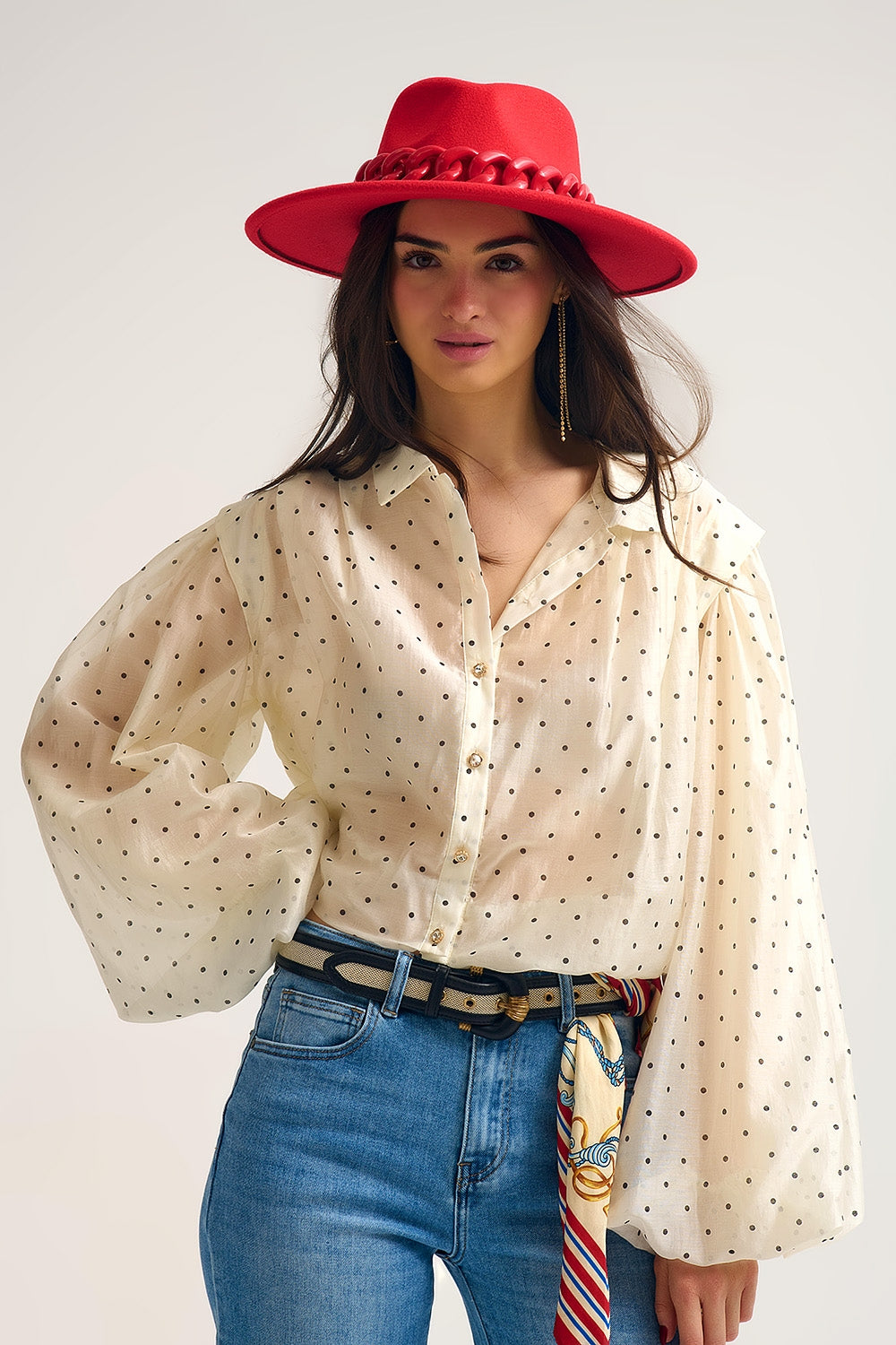Ivory Polka Dot Silk Blouse with Balloon Sleeves and Gold Buttons