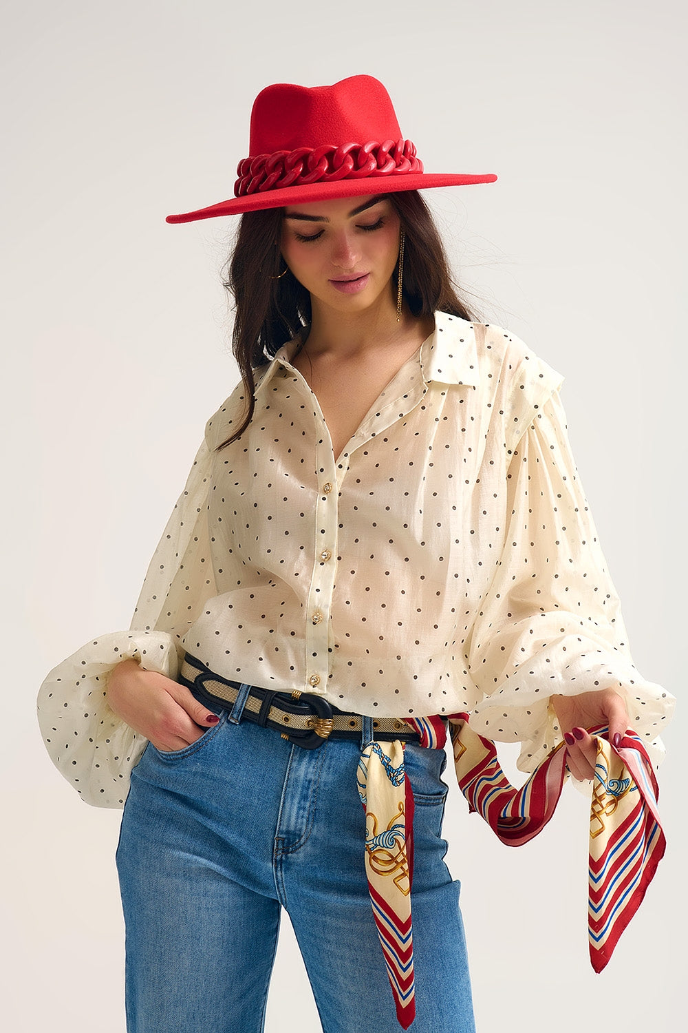 Ivory Polka Dot Silk Blouse with Balloon Sleeves and Gold Buttons