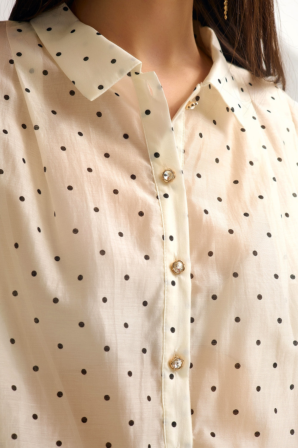 Ivory Polka Dot Silk Blouse with Balloon Sleeves and Gold Buttons