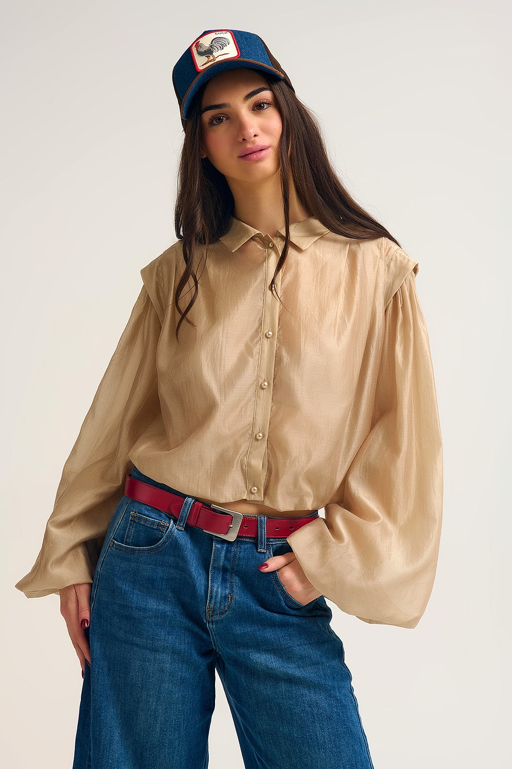 Tencel Silk Blouse with Balloon Sleeves and nacar Buttons