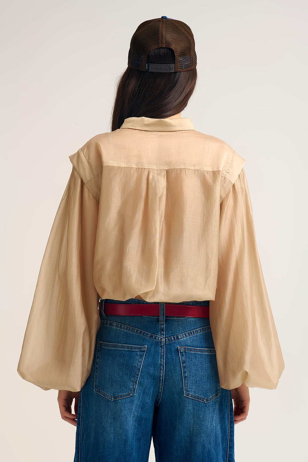 Tencel Silk Blouse with Balloon Sleeves and nacar Buttons
