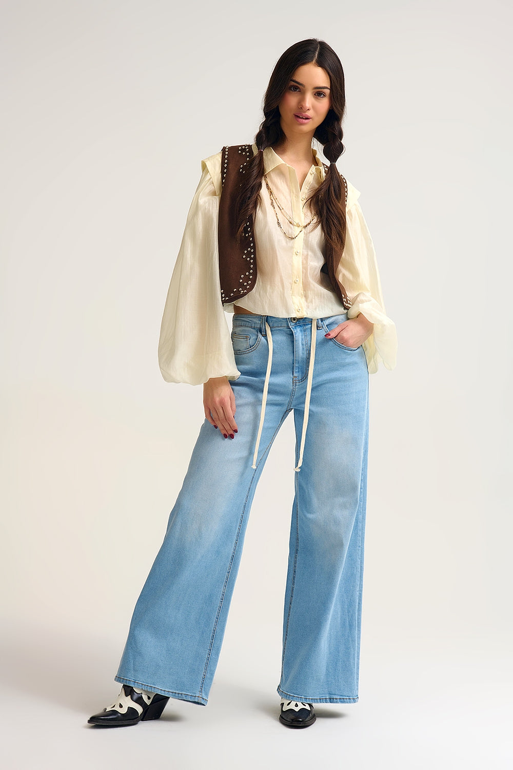 Light Wash Wide-Leg Jeans with Adjustable Drawstring Waist