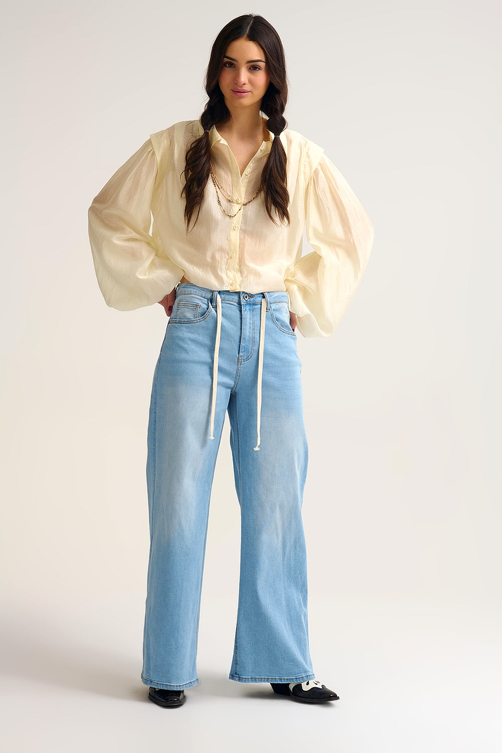 Light Wash Wide-Leg Jeans with Adjustable Drawstring Waist