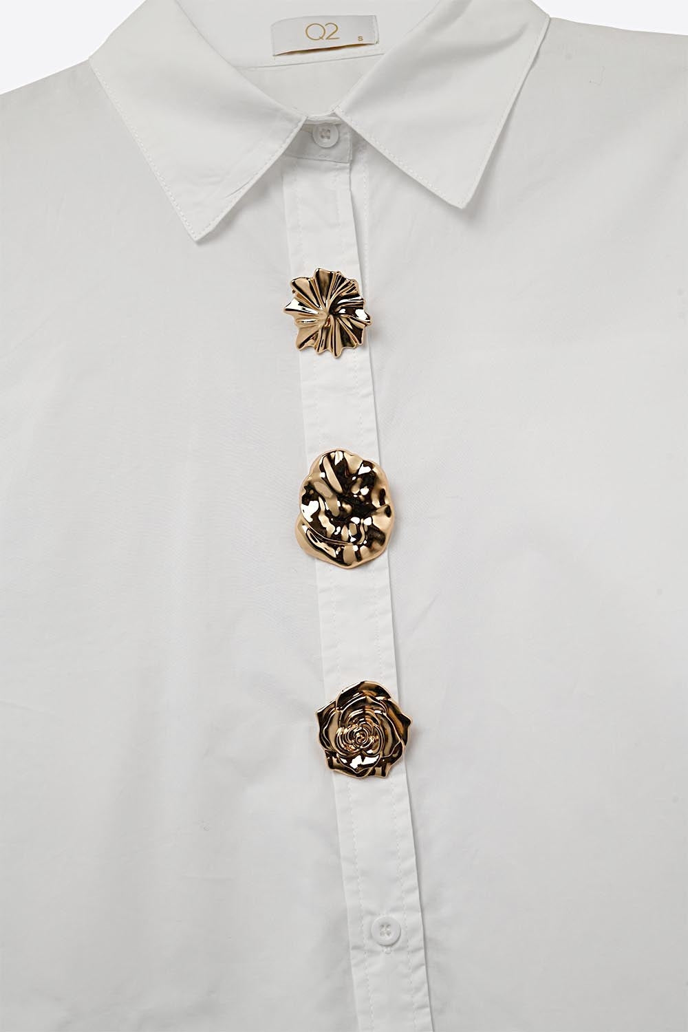 White relaxed poplin Cotton Shirt with Decorative Gold Buttons