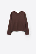 Brown Fine Knit V-Neck Sweater with Subtle Linear Texture