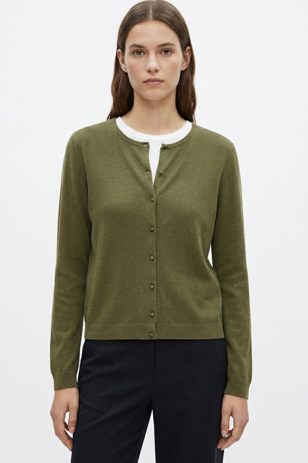 Khaki Ribbed Knit Cardigan with Mother-of-Pearl Buttons