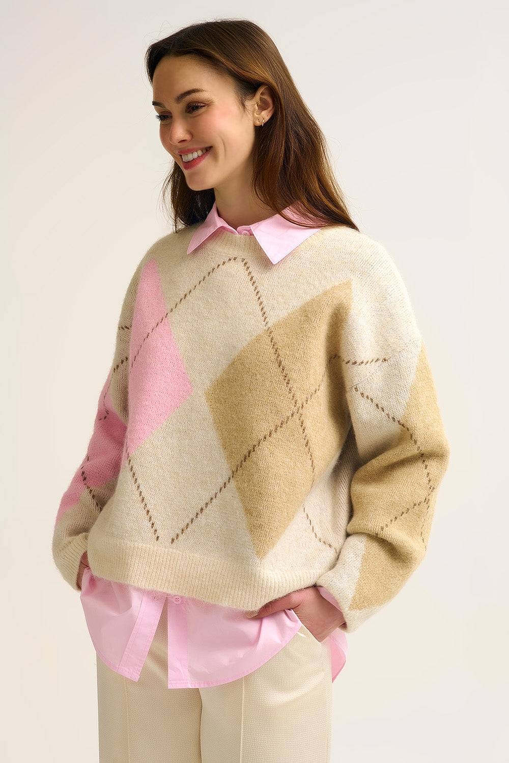 Cream Argyle Knit Sweater with Contrast Color Blocks pink and camel