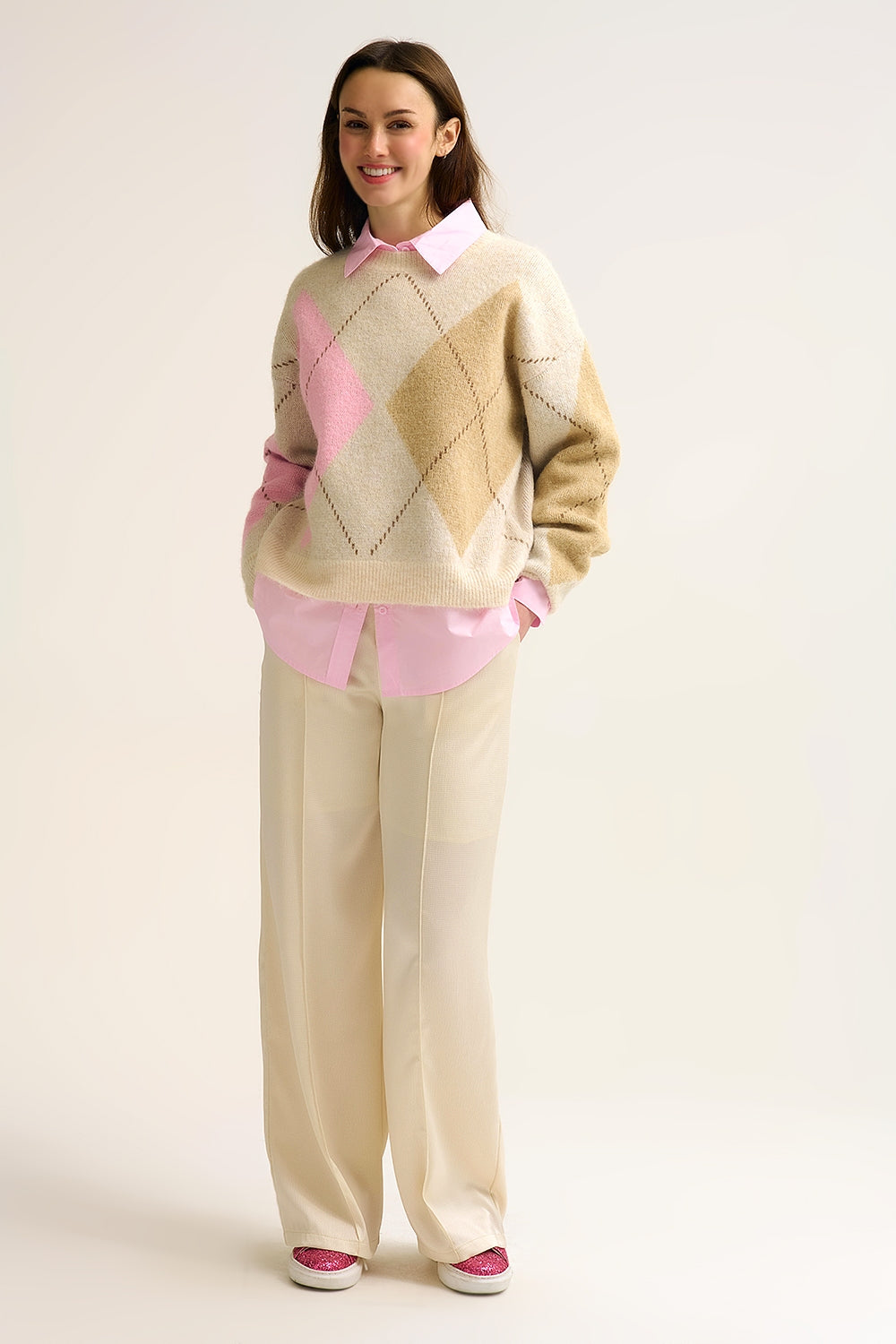 Cream Argyle Knit Sweater with Contrast Color Blocks pink and camel