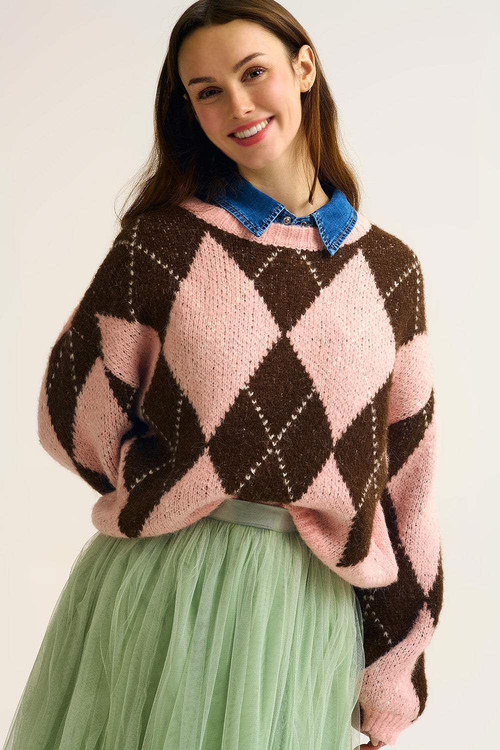 Pink and Brown Argyle Knit Sweater with Voluminous Sleeves