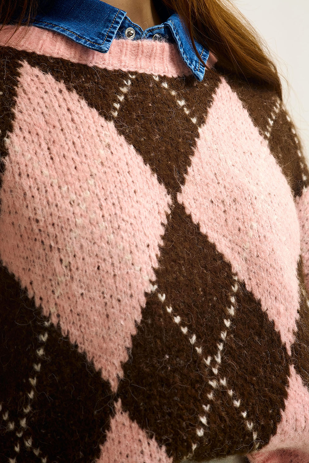 Pink and Brown Argyle Knit Sweater with Voluminous Sleeves