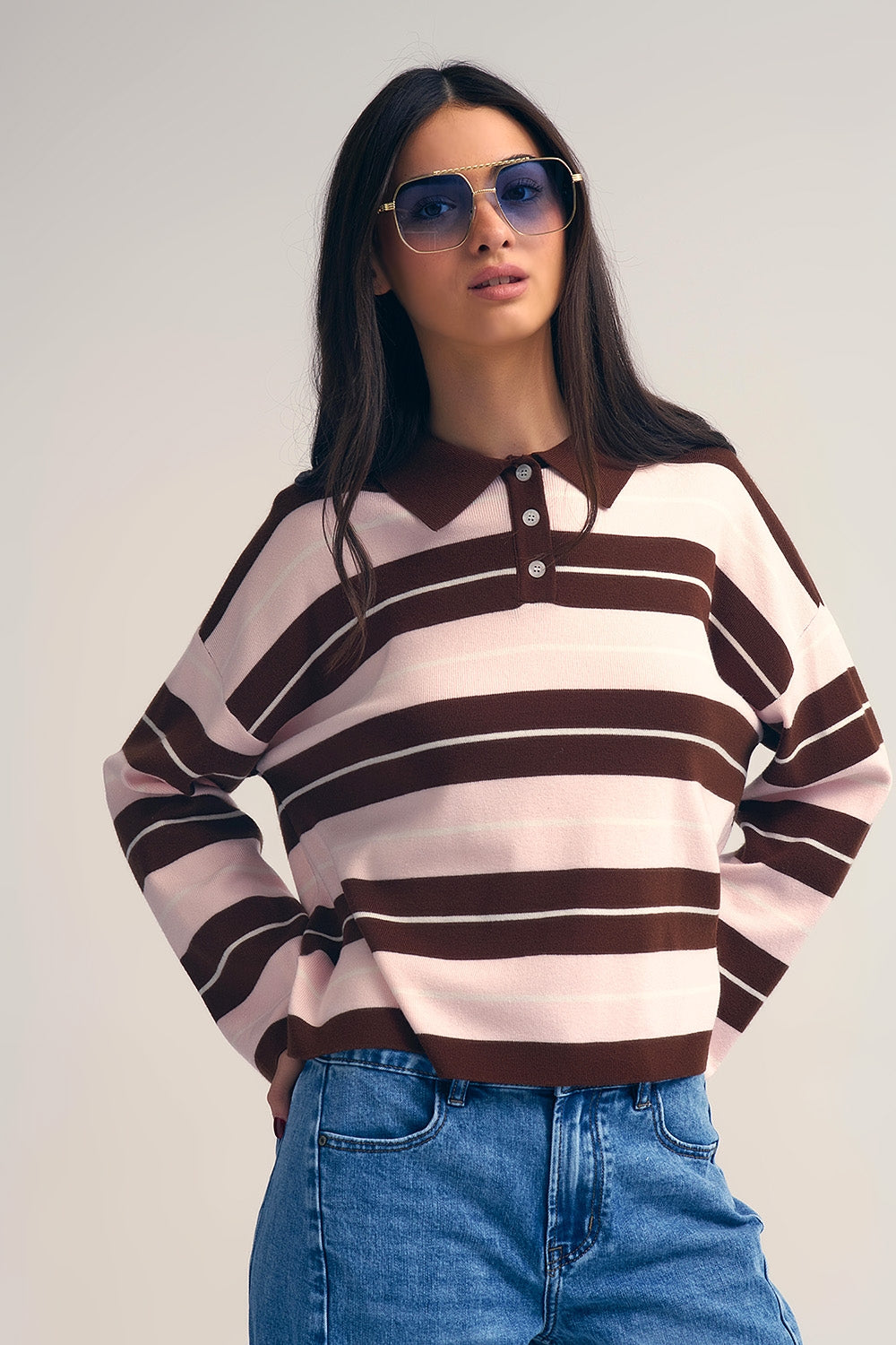 brown Striped Knit Polo Sweater with Buttoned Collar