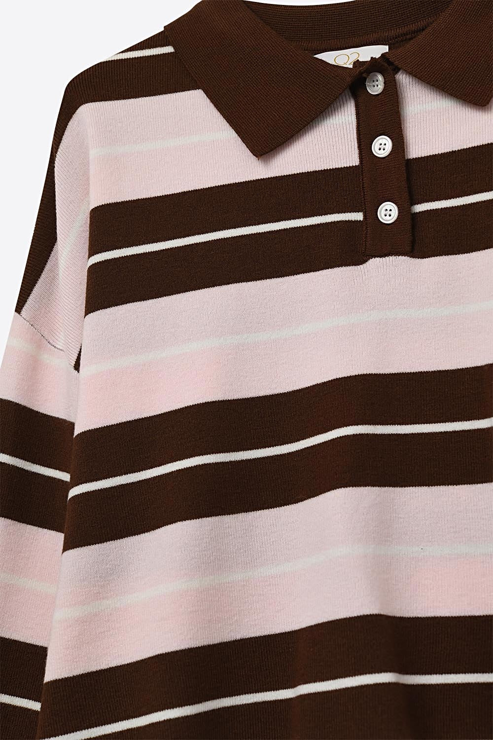 brown Striped Knit Polo Sweater with Buttoned Collar