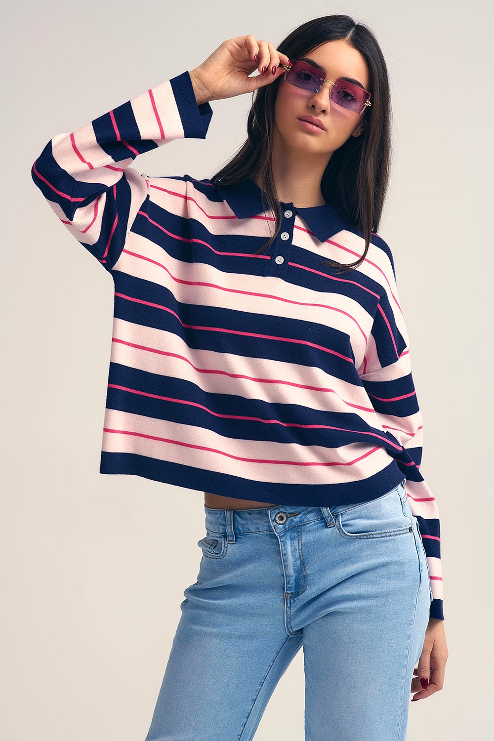 Navy Striped Knit Polo Sweater with Buttoned Collar