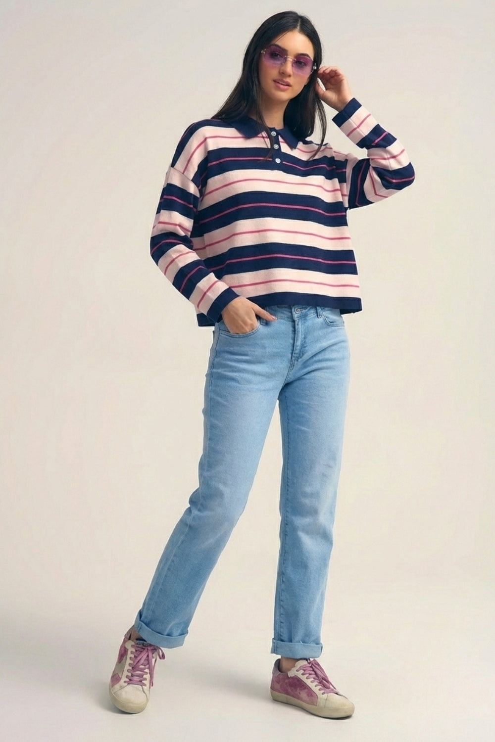Navy Striped Knit Polo Sweater with Buttoned Collar