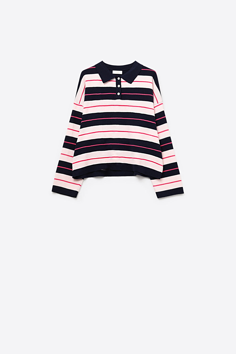 Navy Striped Knit Polo Sweater with Buttoned Collar