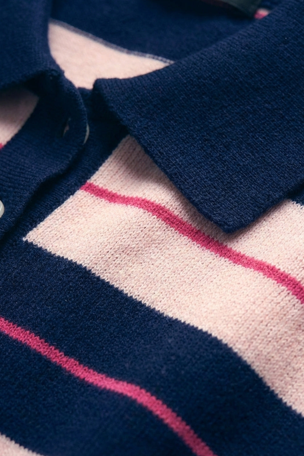 Navy Striped Knit Polo Sweater with Buttoned Collar