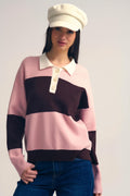 Pink Knit Polo Sweater with Brown Stripes