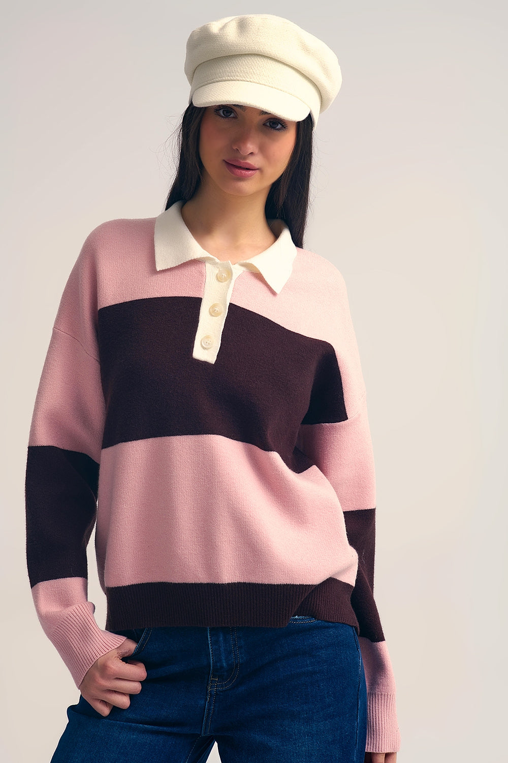Pink Knit Polo Sweater with Brown Stripes