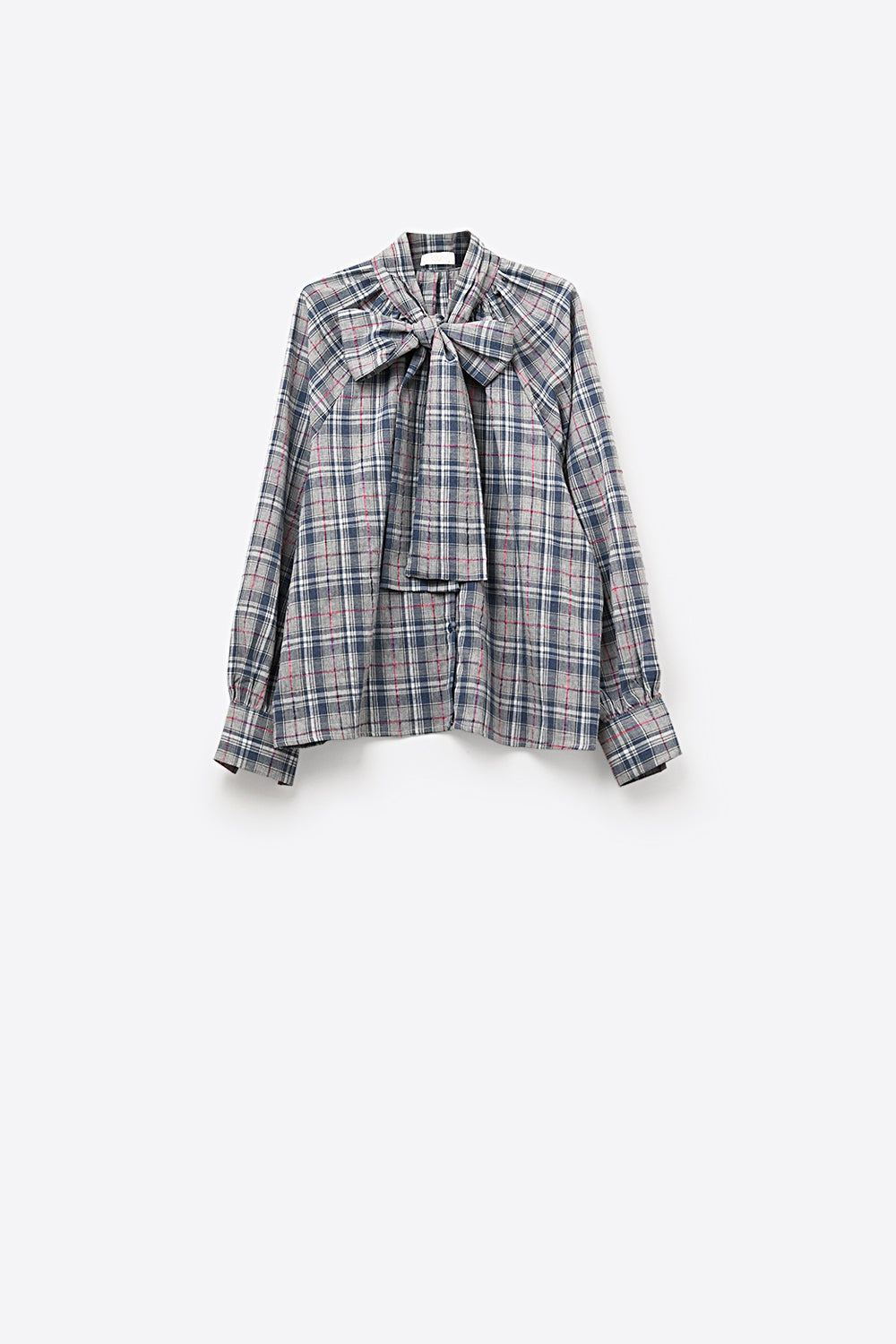 Blue blouse with check print and bow detail at the neck