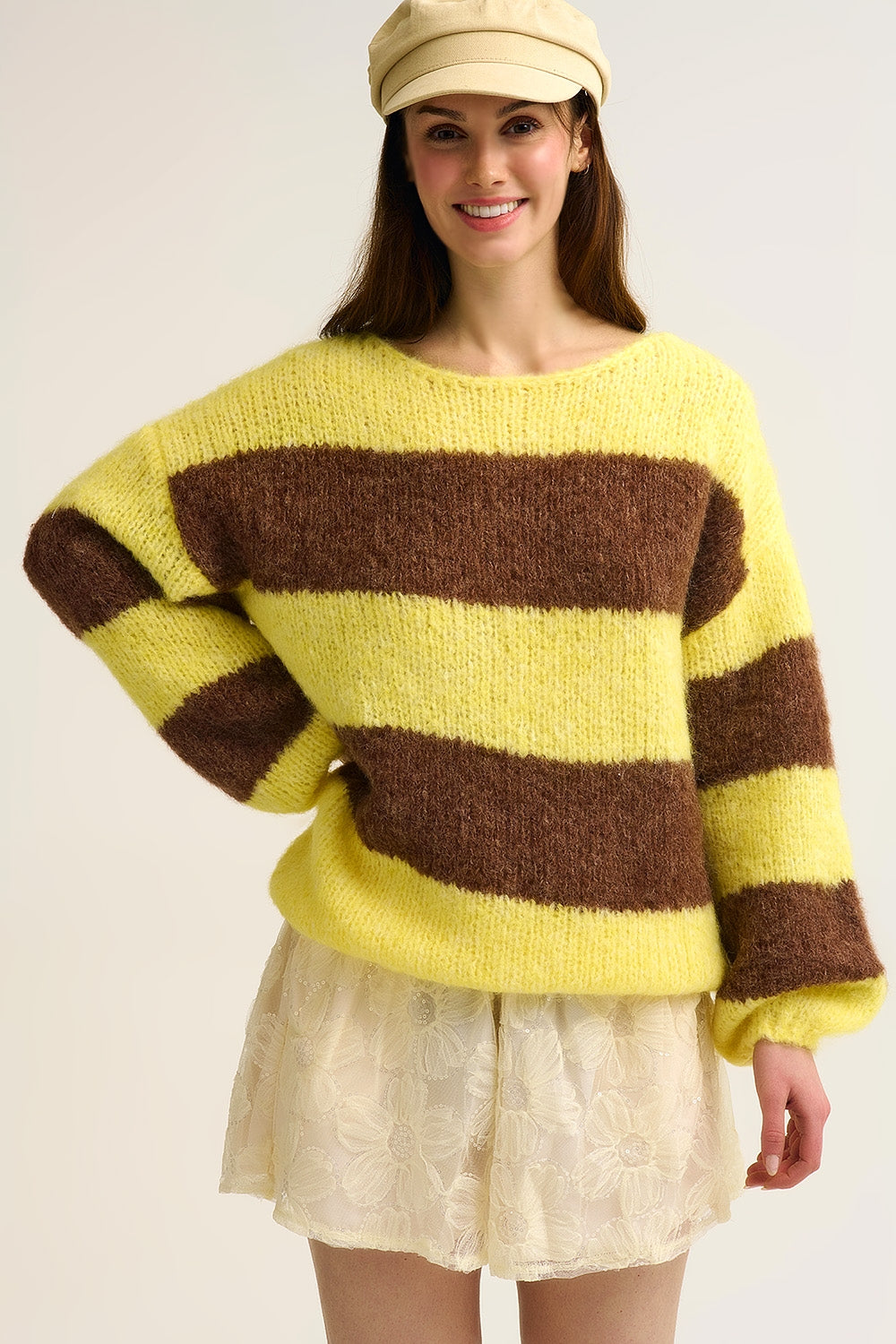 Yellow Fluffy Striped Knit Sweater with Balloon Sleeves