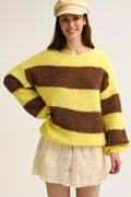 Yellow Fluffy Striped Knit Sweater with Balloon Sleeves