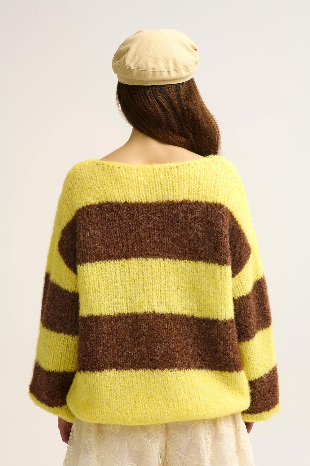 Yellow Fluffy Striped Knit Sweater with Balloon Sleeves