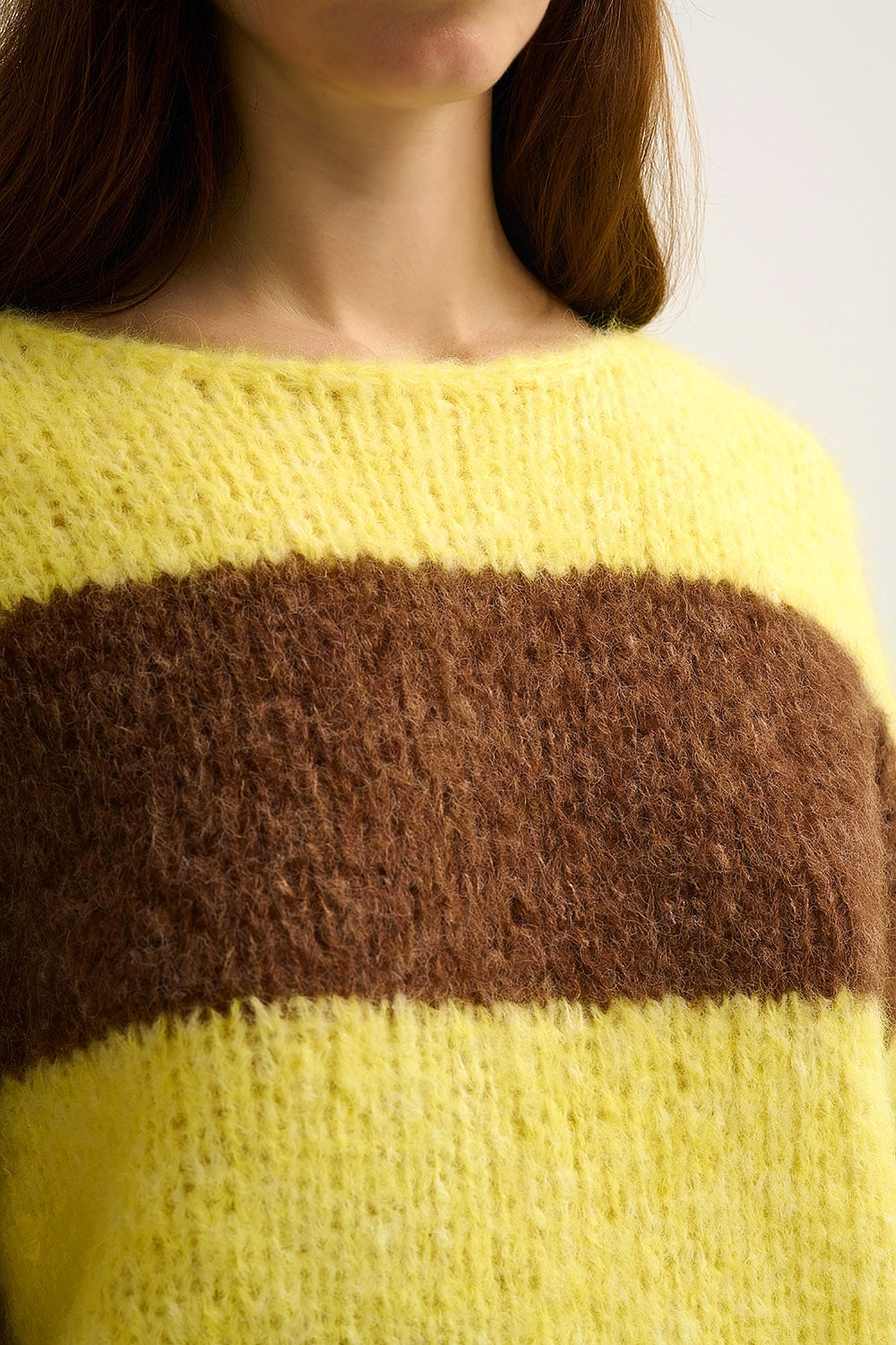 Yellow Fluffy Striped Knit Sweater with Balloon Sleeves