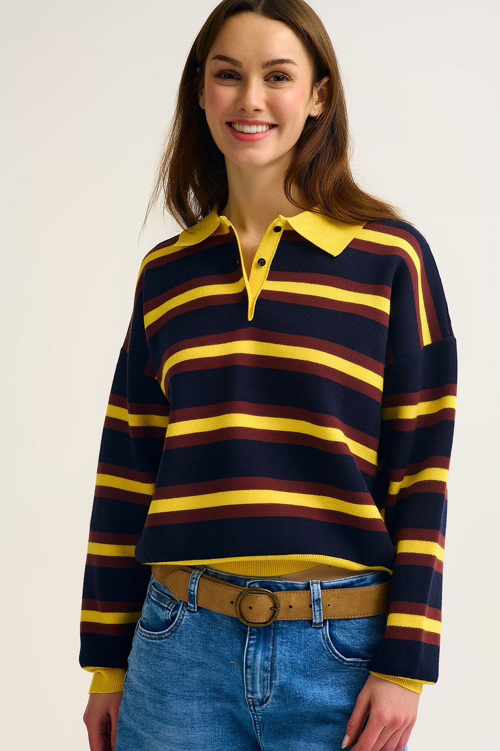 Yellow Striped Knit Polo Sweater with Relaxed Fit