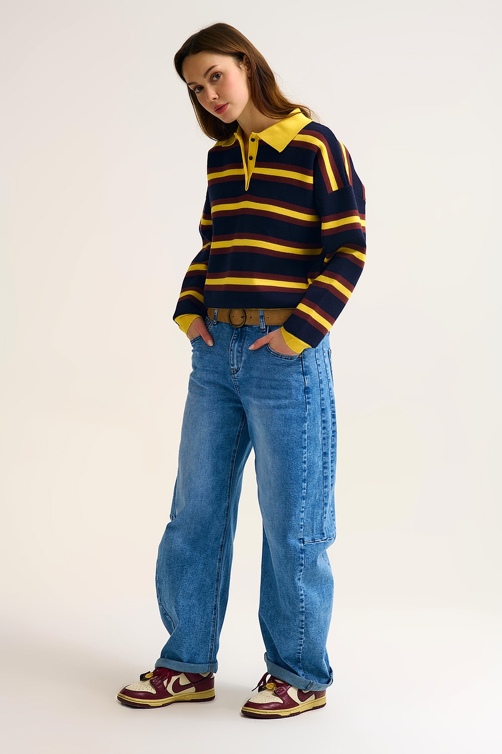 Yellow Striped Knit Polo Sweater with Relaxed Fit