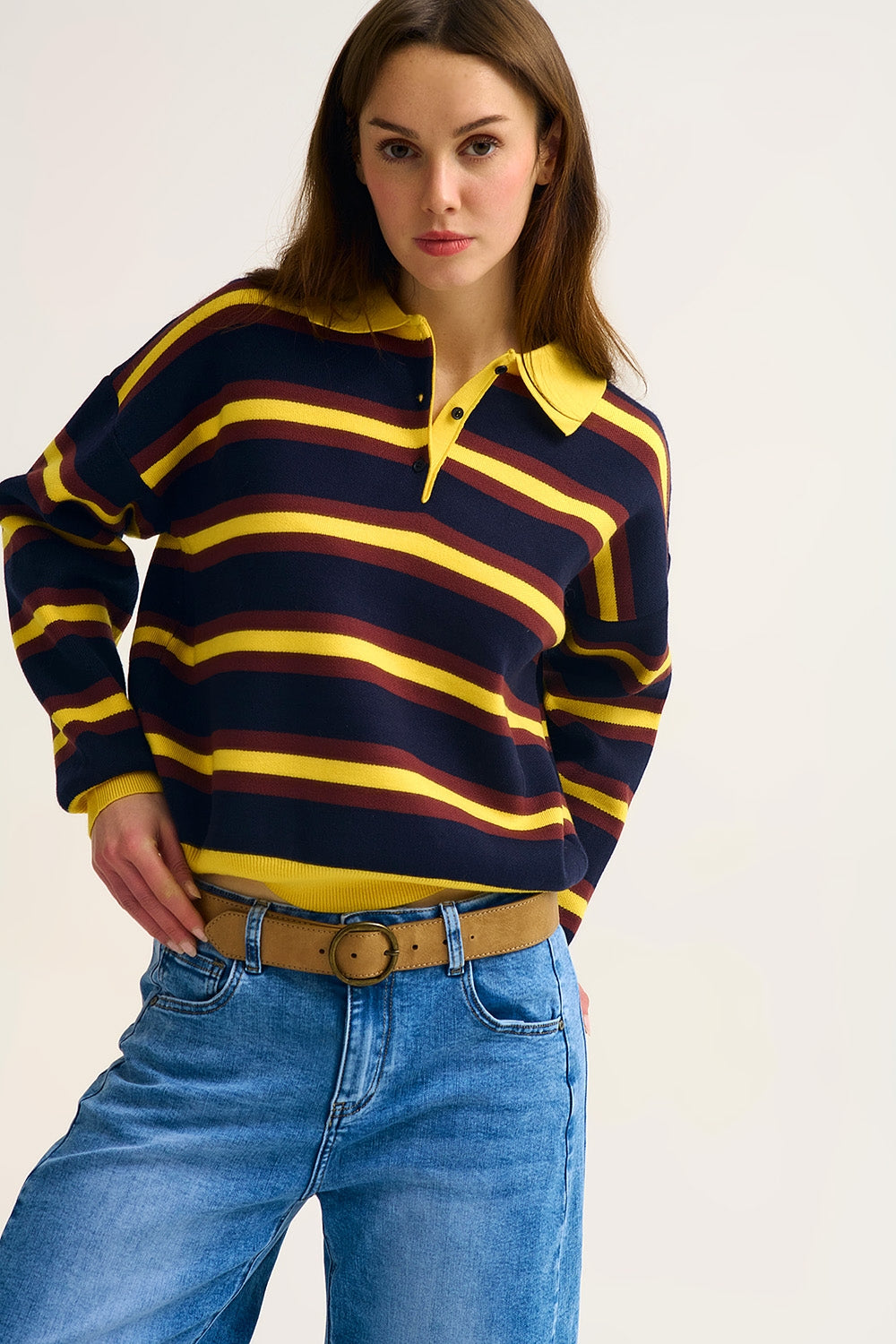 Yellow Striped Knit Polo Sweater with Relaxed Fit