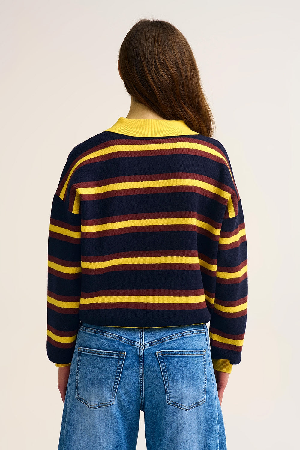 Yellow Striped Knit Polo Sweater with Relaxed Fit