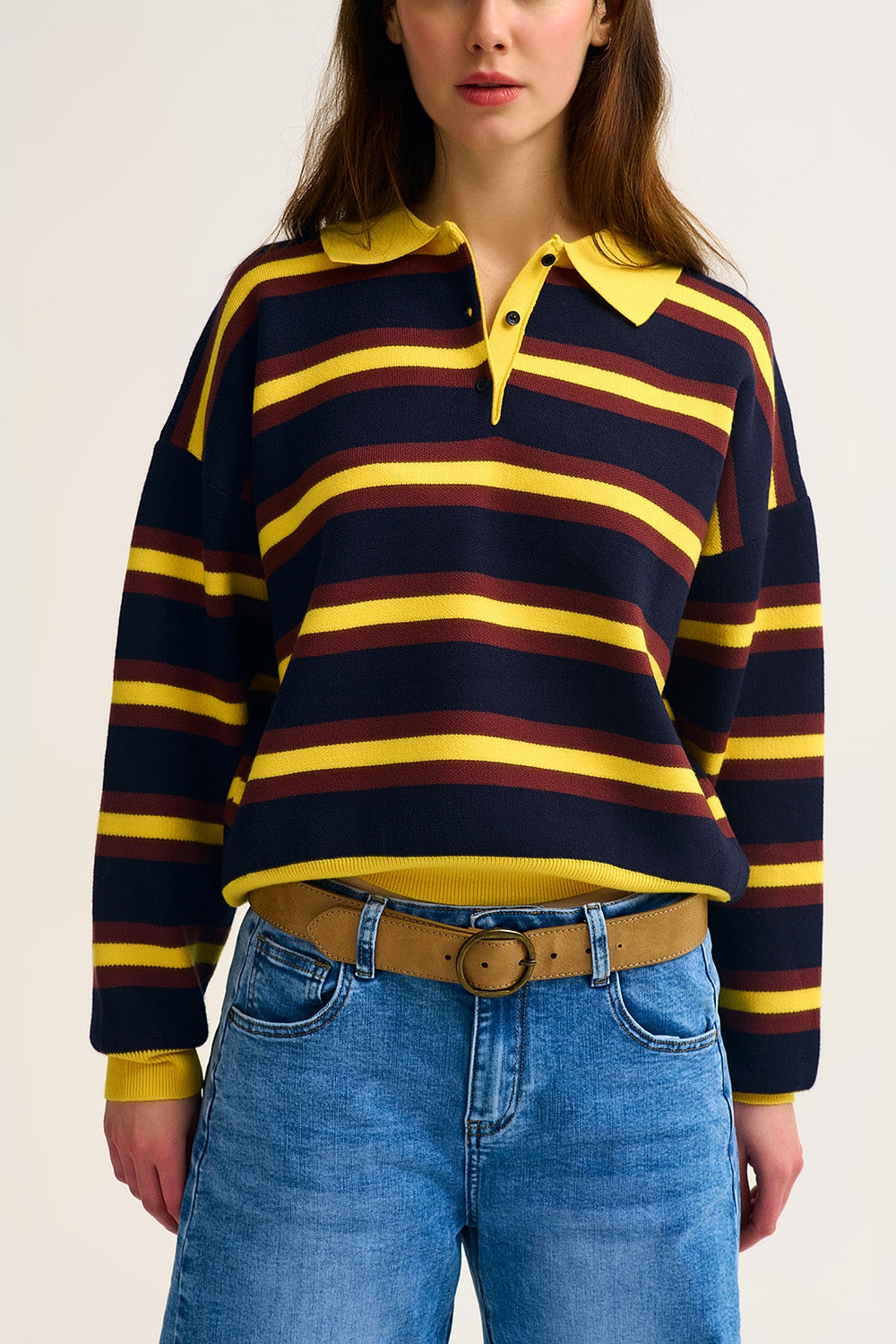 Yellow Striped Knit Polo Sweater with Relaxed Fit