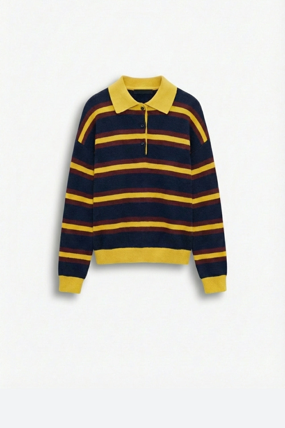 Yellow Striped Knit Polo Sweater with Relaxed Fit