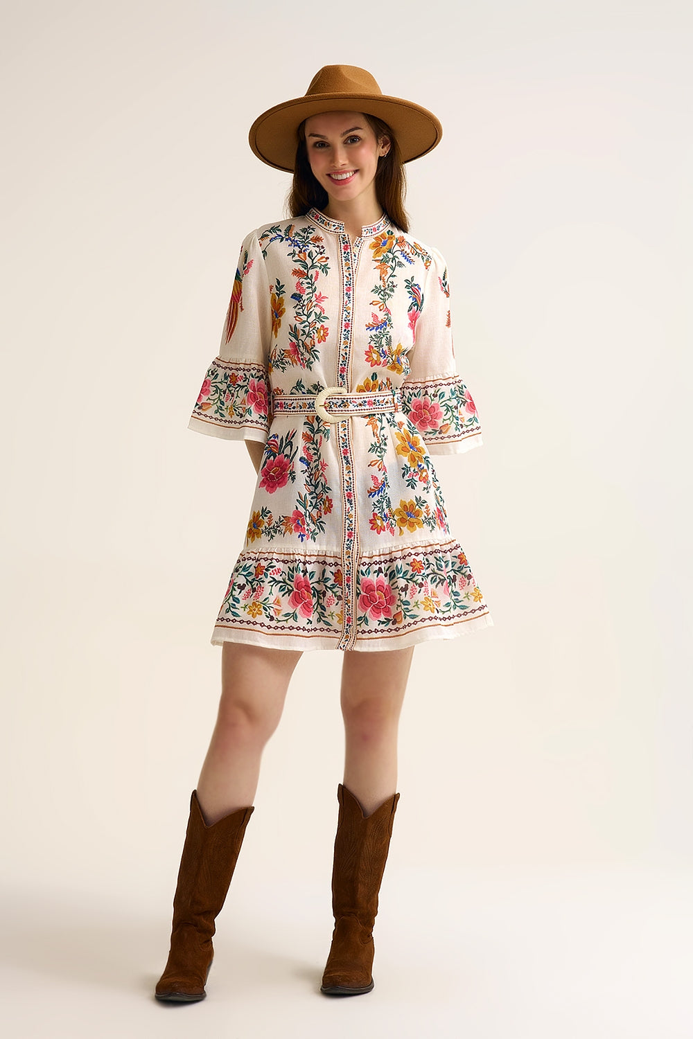 UNIKCOSA printed Floral Boho Mini Dress In white