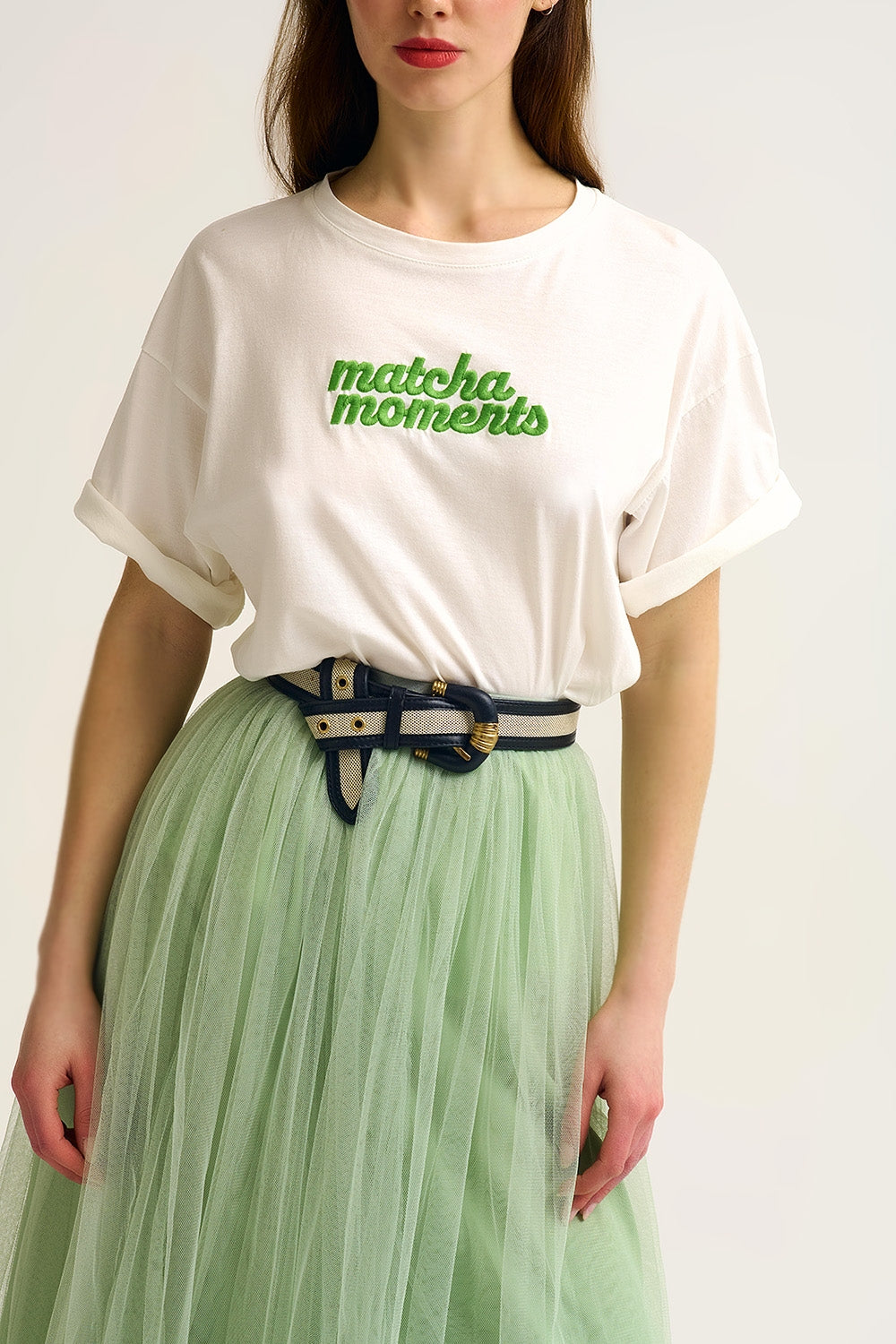 White Matcha Moments Embroidered Tee in Green