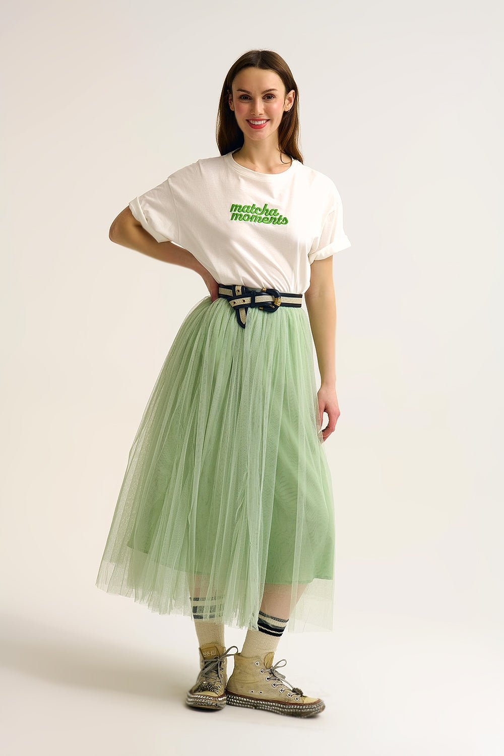 White Matcha Moments Embroidered Tee in Green