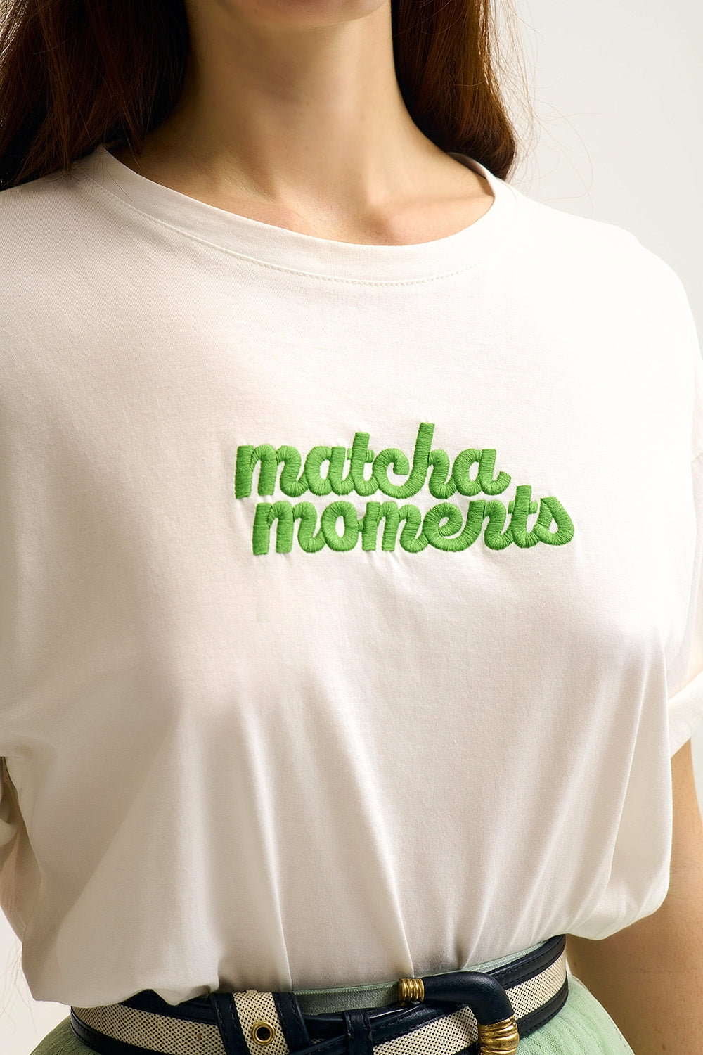 White Matcha Moments Embroidered Tee in Green
