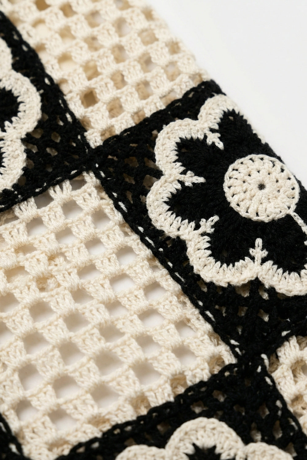 Black & Cream Crochet Patchwork flare-Leg Pants with Floral Motif