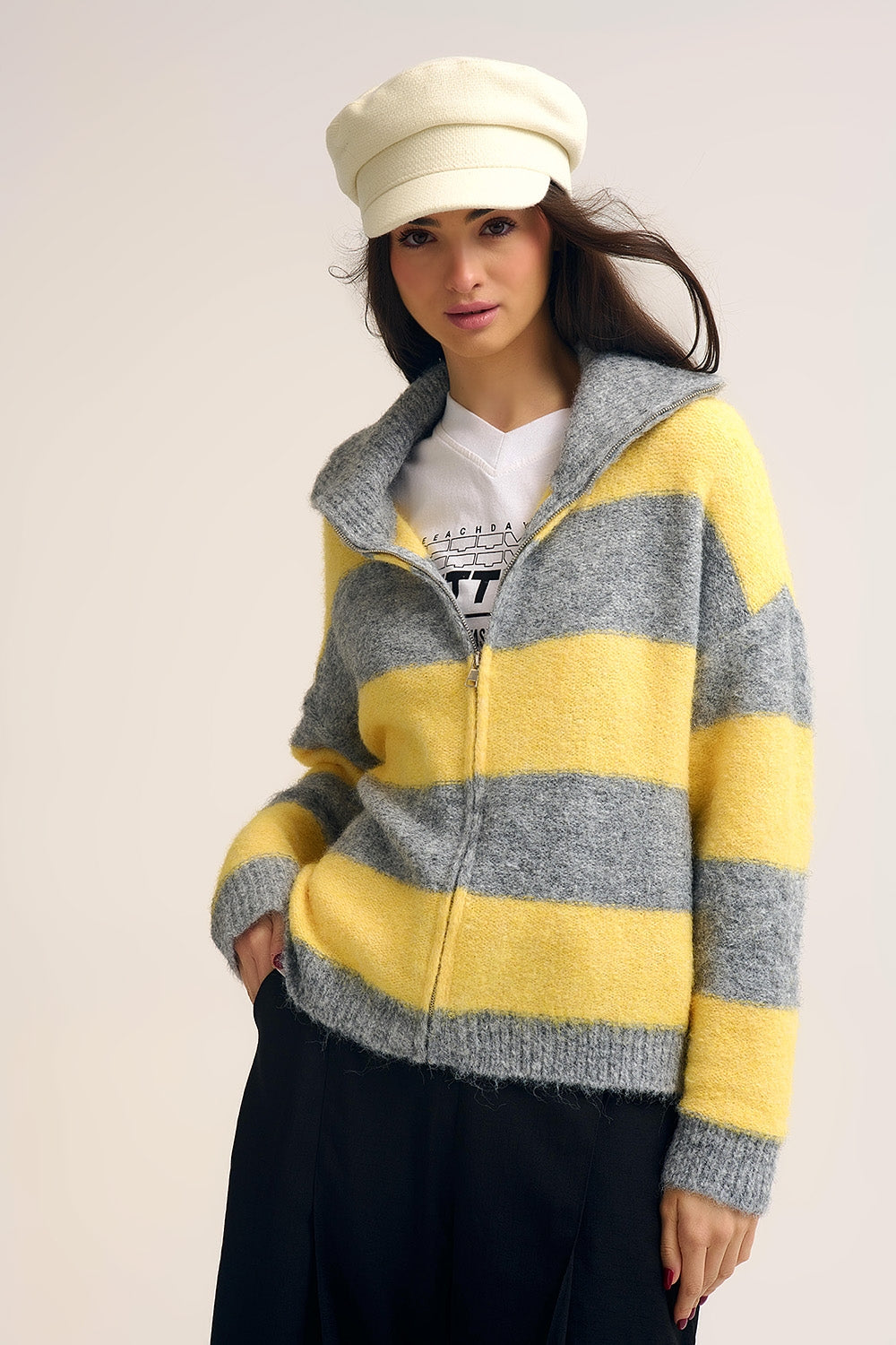 Yellow Fluffy Knitted Zip-Up Jacket with Gray Stripes