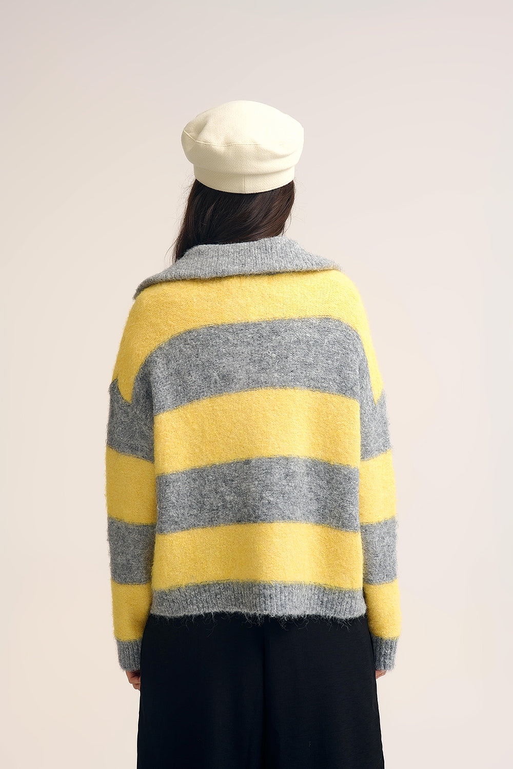 Yellow Fluffy Knitted Zip-Up Jacket with Gray Stripes