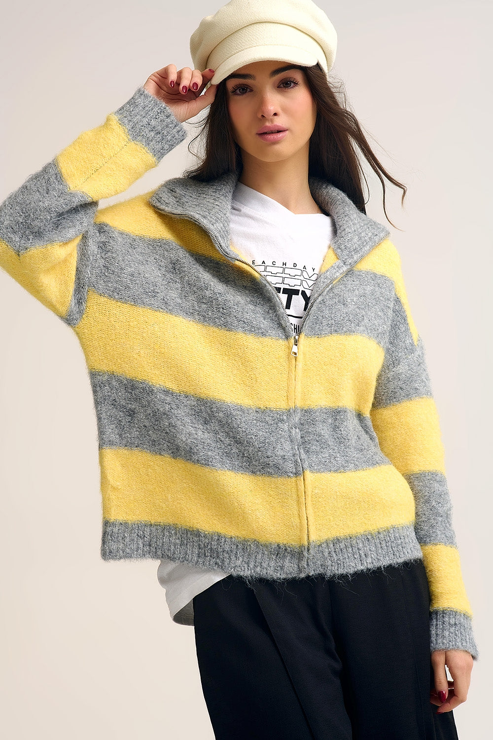 Yellow Fluffy Knitted Zip-Up Jacket with Gray Stripes