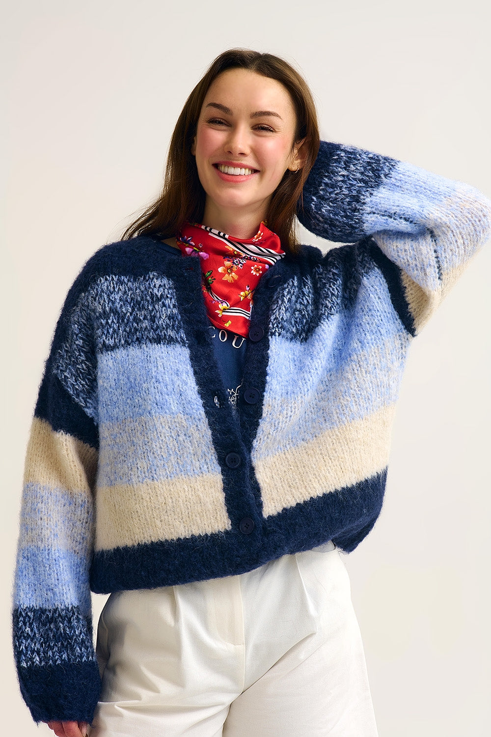 Navy Gradient Chunky Knit Cardigan with Soft Texture and Button Front