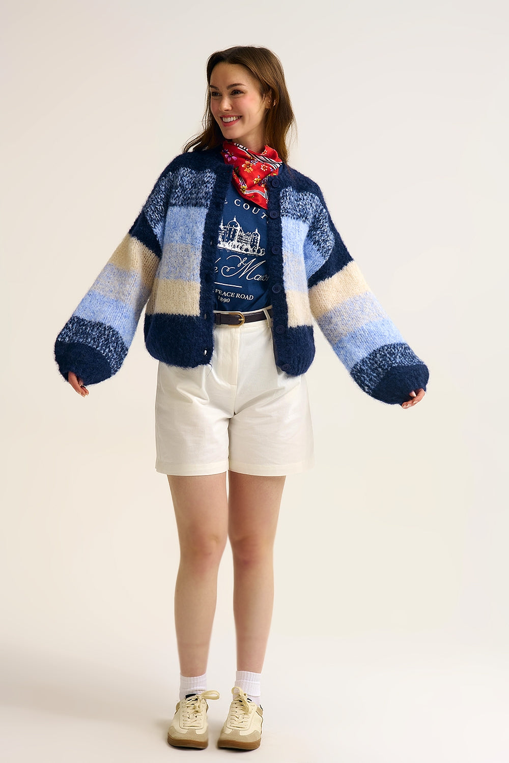 Navy Gradient Chunky Knit Cardigan with Soft Texture and Button Front