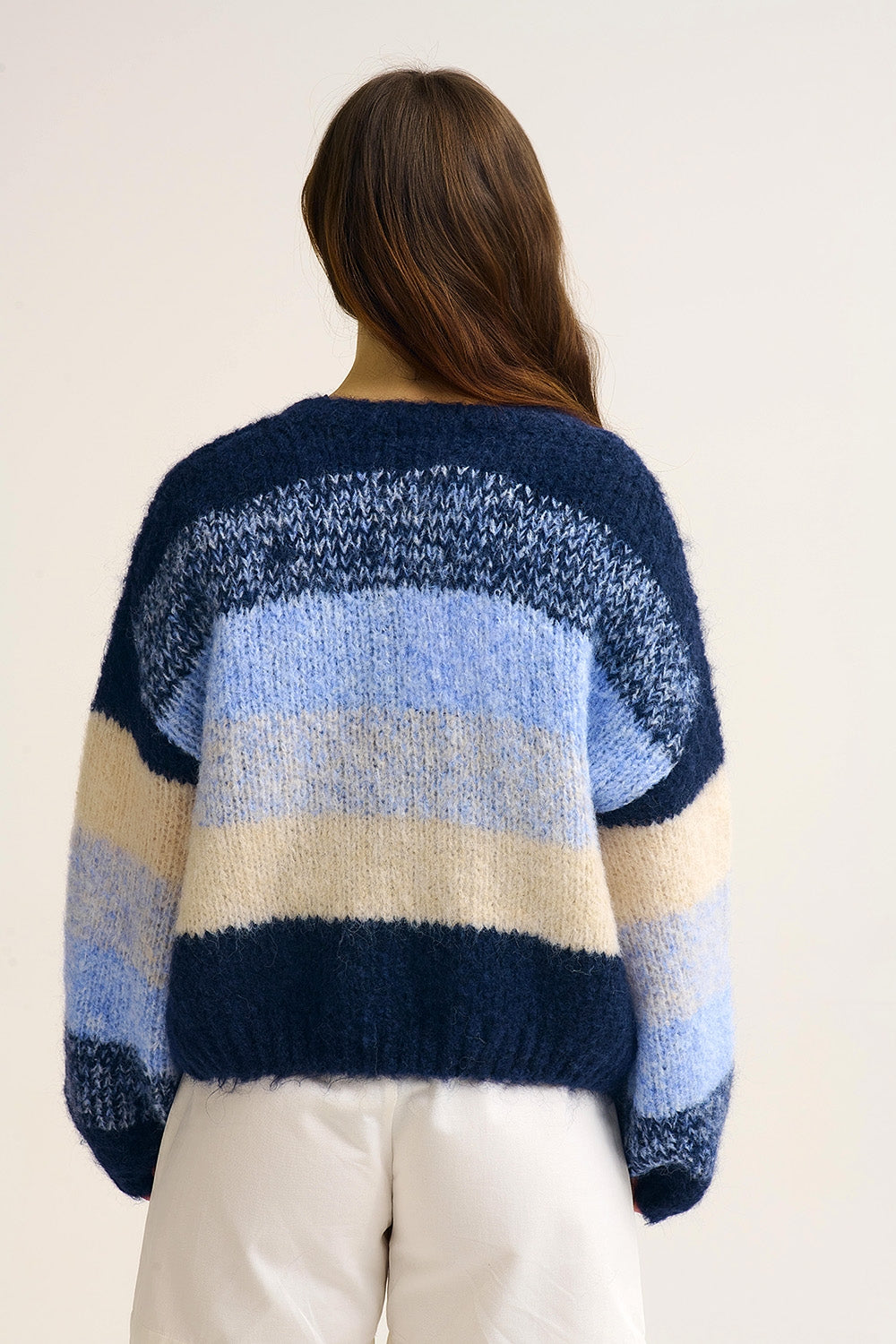 Navy Gradient Chunky Knit Cardigan with Soft Texture and Button Front