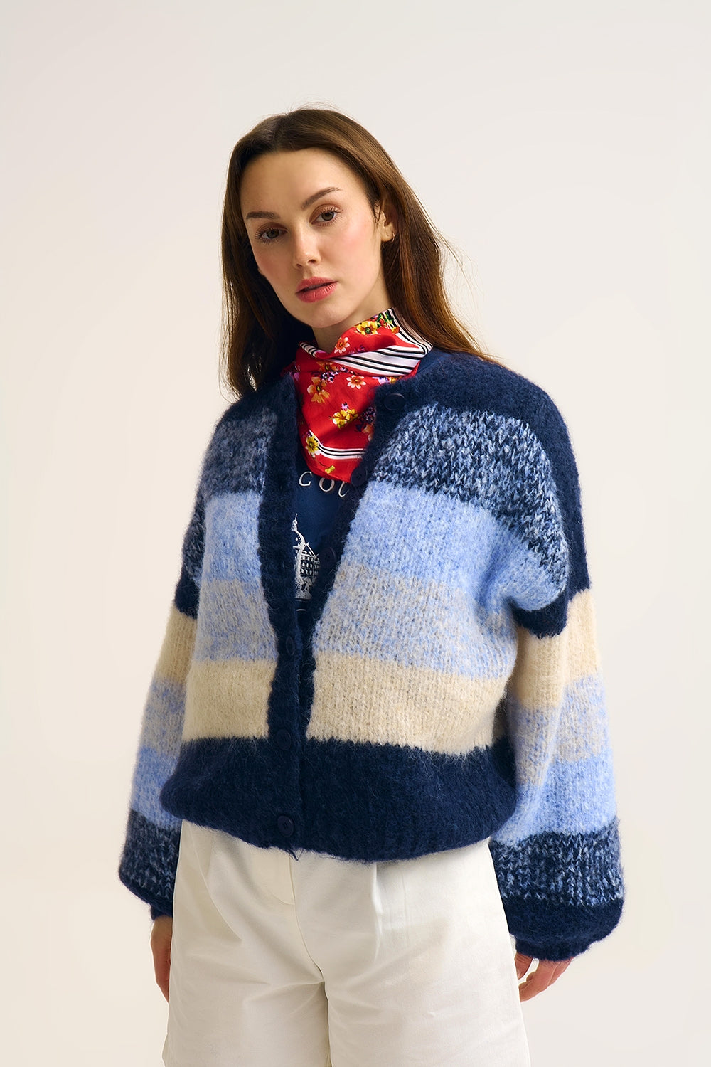 Navy Gradient Chunky Knit Cardigan with Soft Texture and Button Front