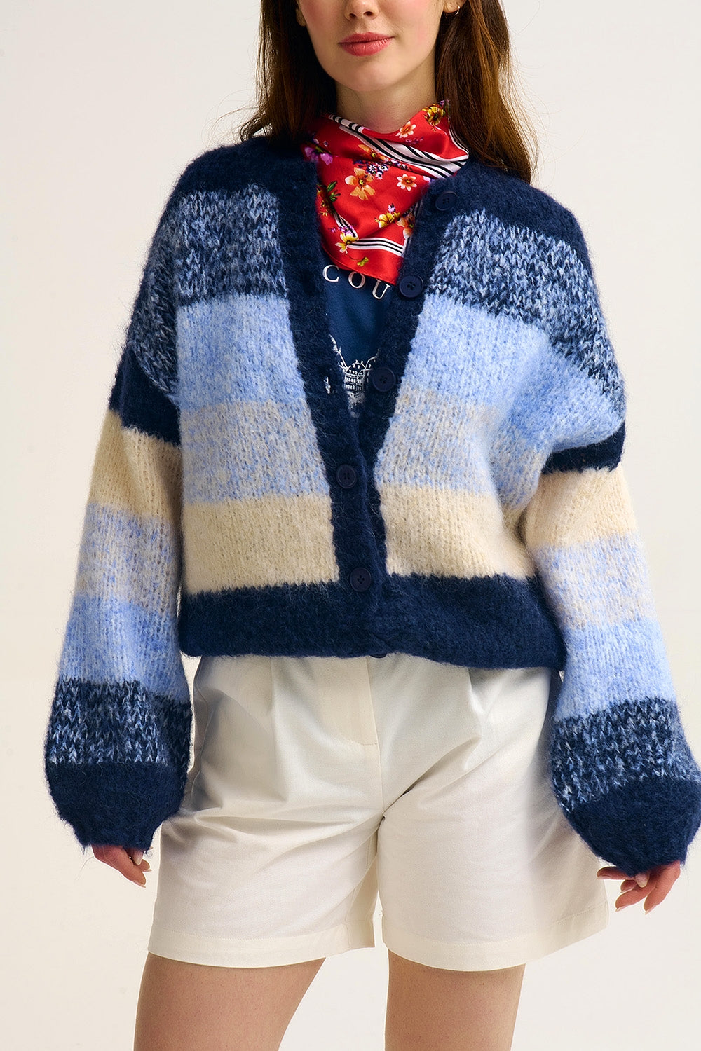 Navy Gradient Chunky Knit Cardigan with Soft Texture and Button Front