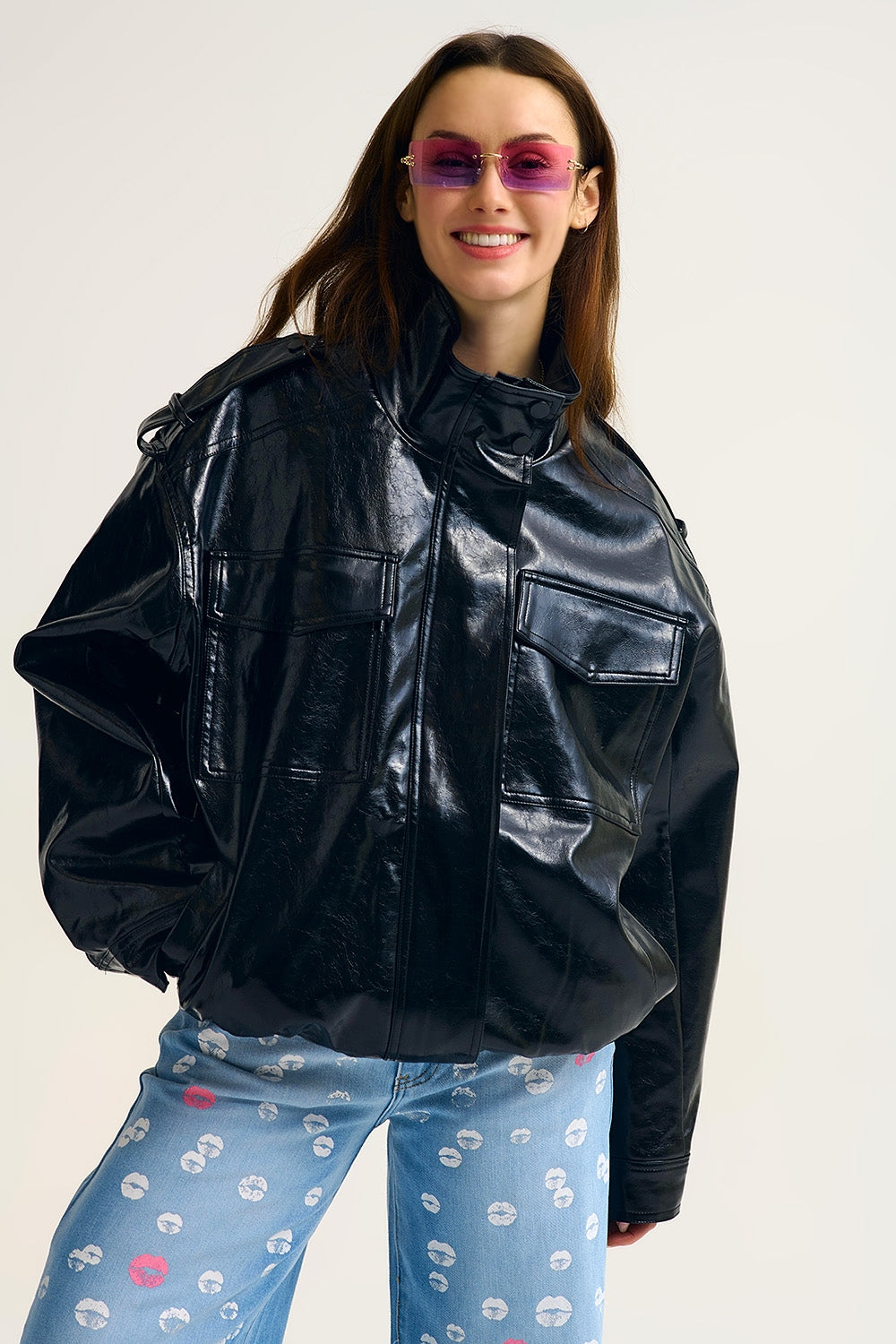 UNIKCOSA Shiny faux leather oversized Jacket in black