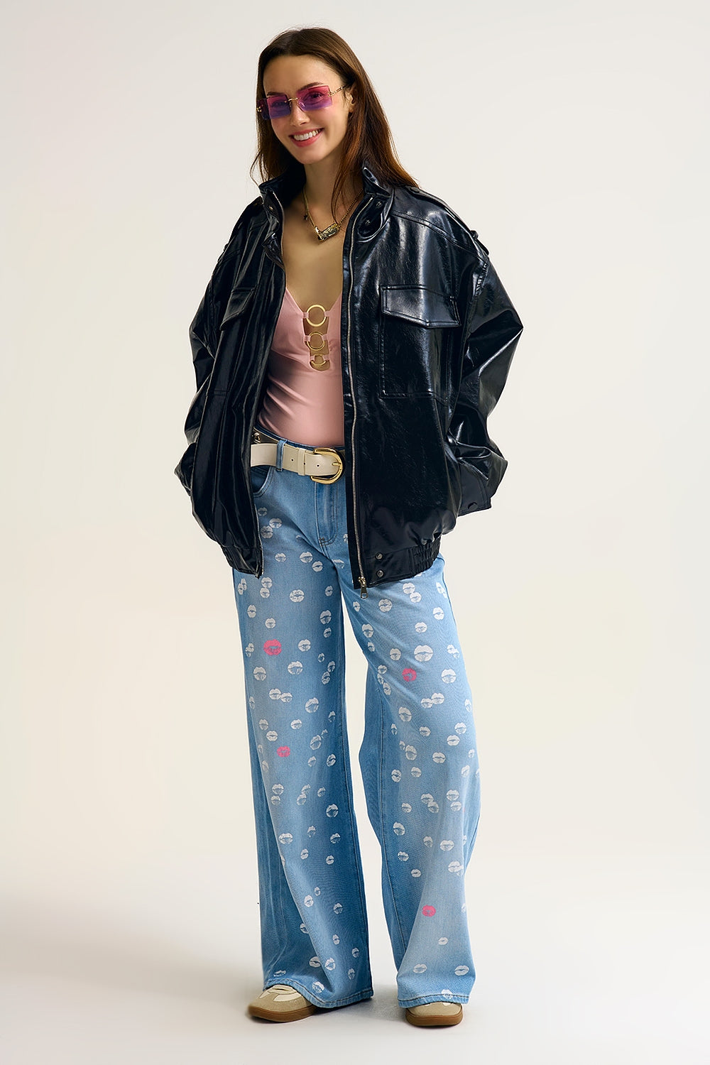 UNIKCOSA Shiny faux leather oversized Jacket in black