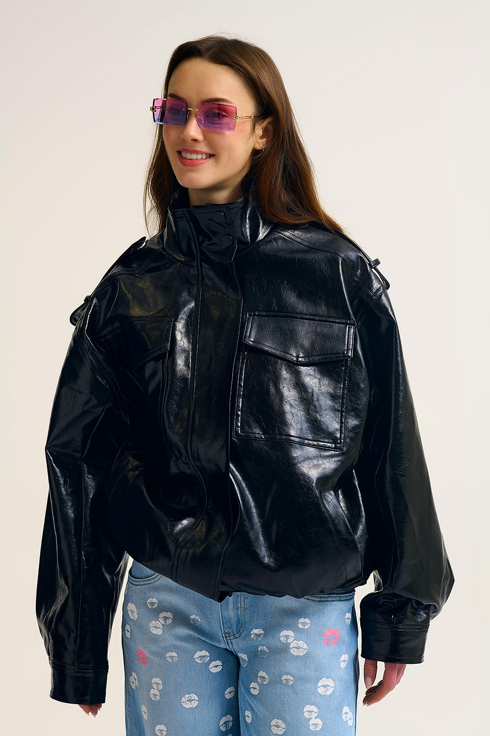 UNIKCOSA Shiny faux leather oversized Jacket in black
